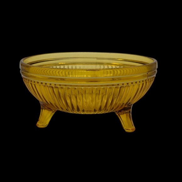 Vintage Amber Glass Ribbed Footed Bowl - Three-Legged Candy/Trinket Dish - Picture 10 of 16